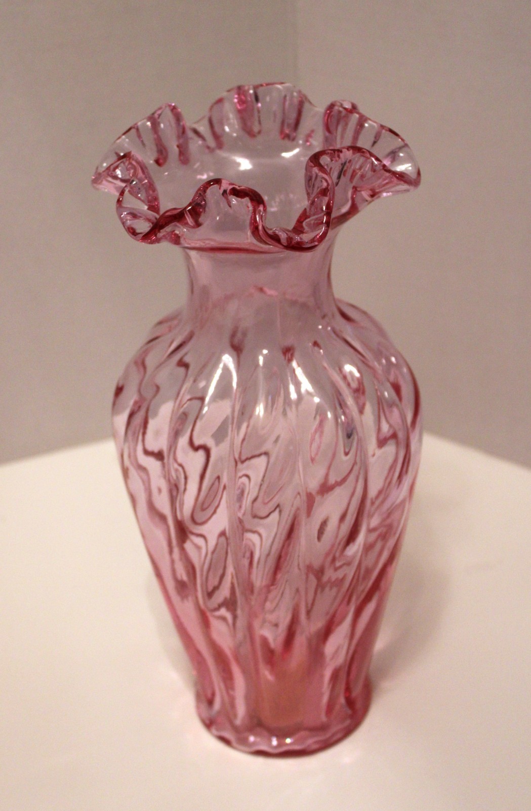 Vintage Fenton Empress Rose Pink Spiral Ruffled Vase 11" w/ Price Sticker Mint