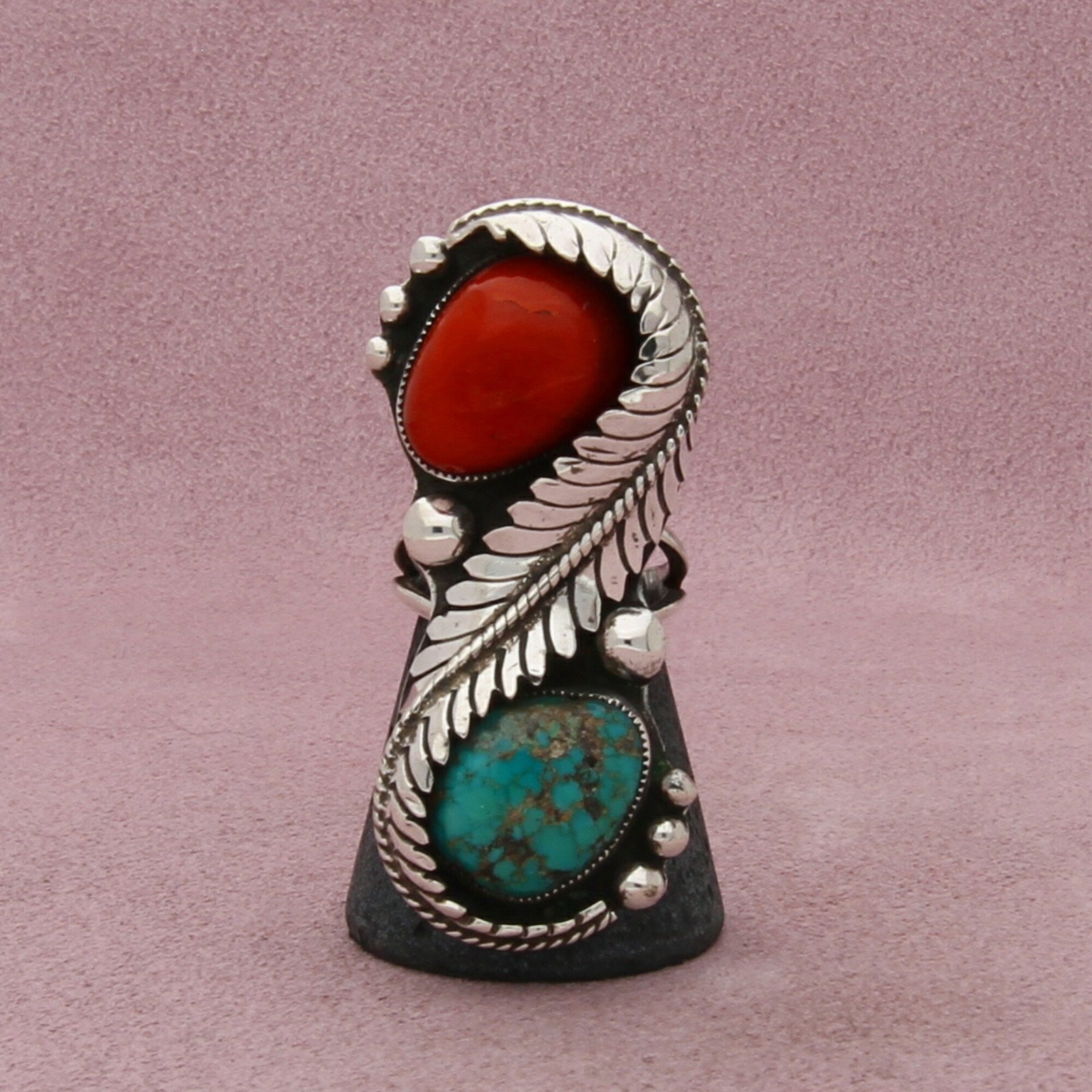 navajo sterling silver vintage elongated coral & turquoise feather ring size 7