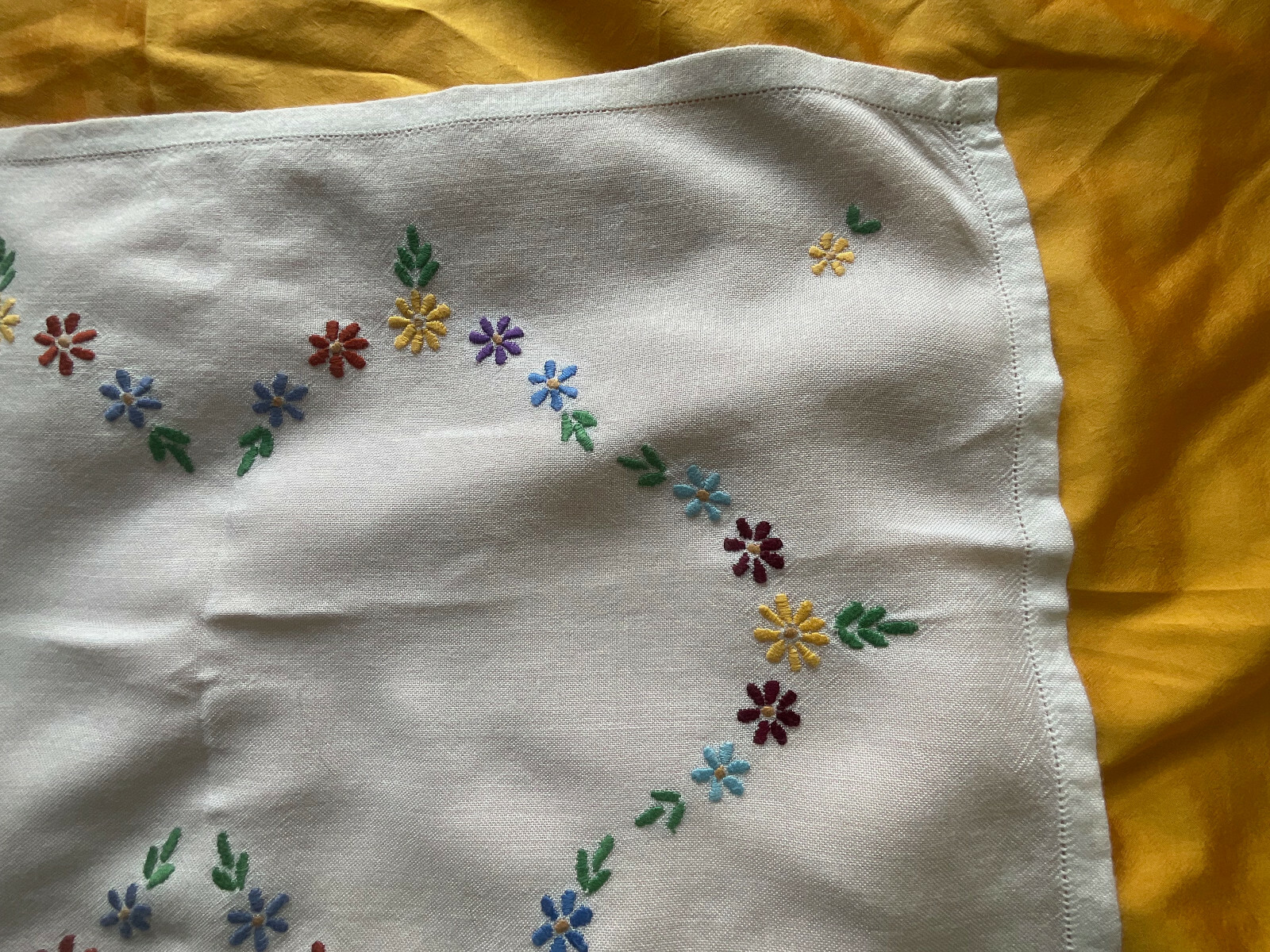 Vintage hand embroidered linen tray cloth 21 inch x 15 inch Retro Cottage Core