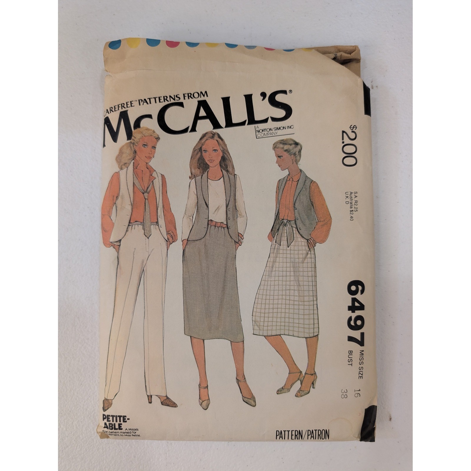 VTG 1979 McCall's Sewing Pattern 6497 Misses Unlined Vest Skirt Pants Size 16