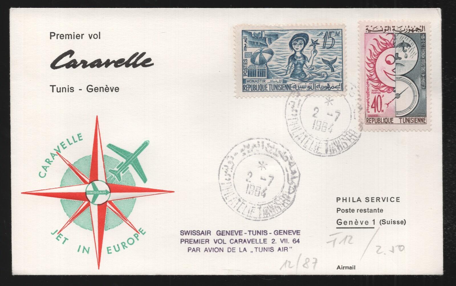 Tunisia Swissair First Flight Caravelle Tunis Geneva Jet 1964 Cover. Meteorology