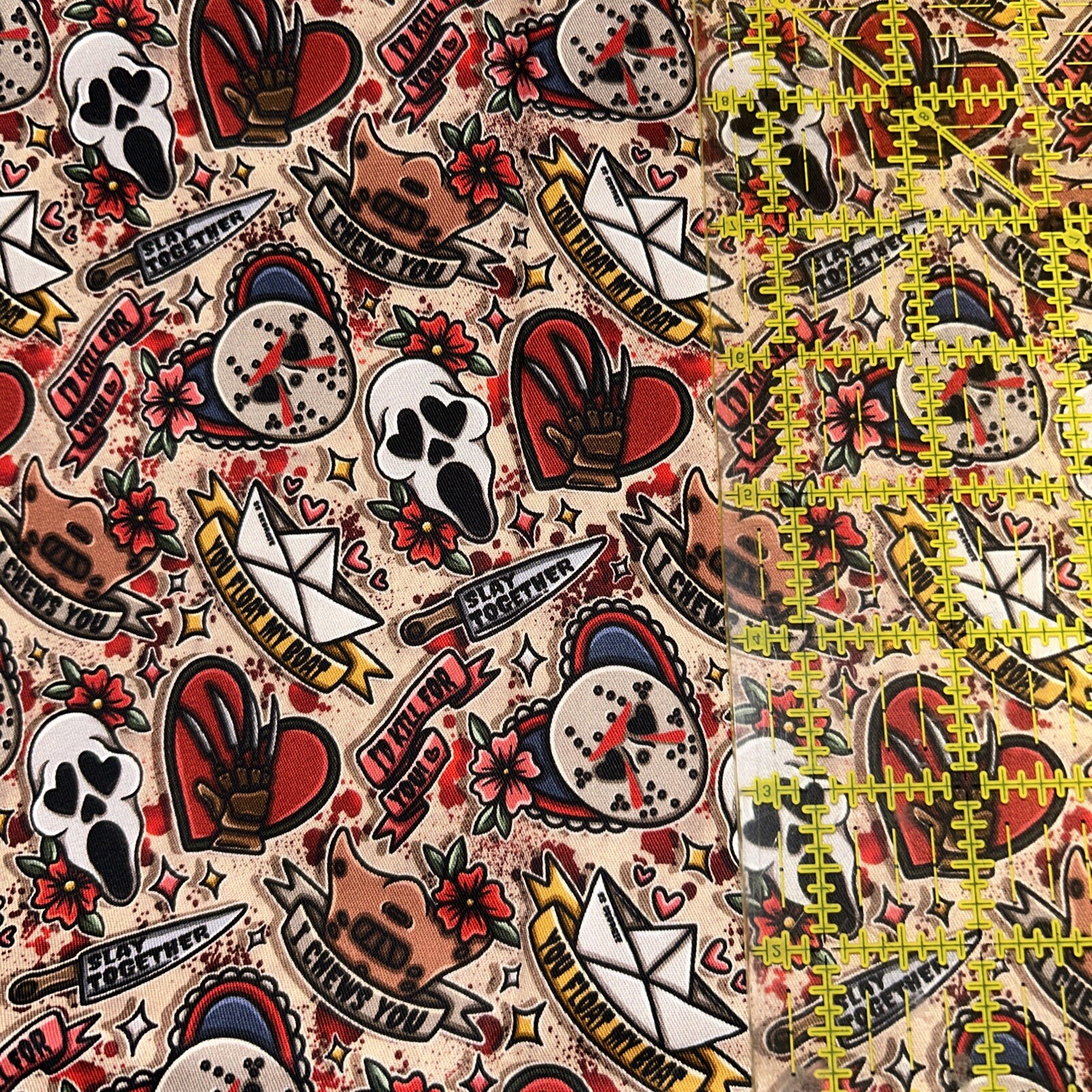 Horror Tattoo Valentine Inspired Tumbler Fabric 100% Cotton Woven 9x14