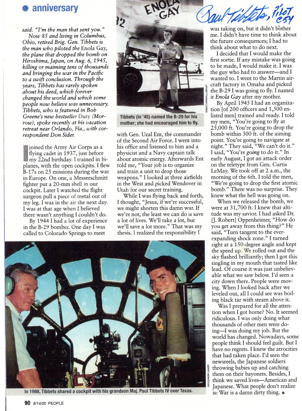 WWII Atomic Bomb: Color Copy of People Magazine 8/2000 Autographed by Tibbets