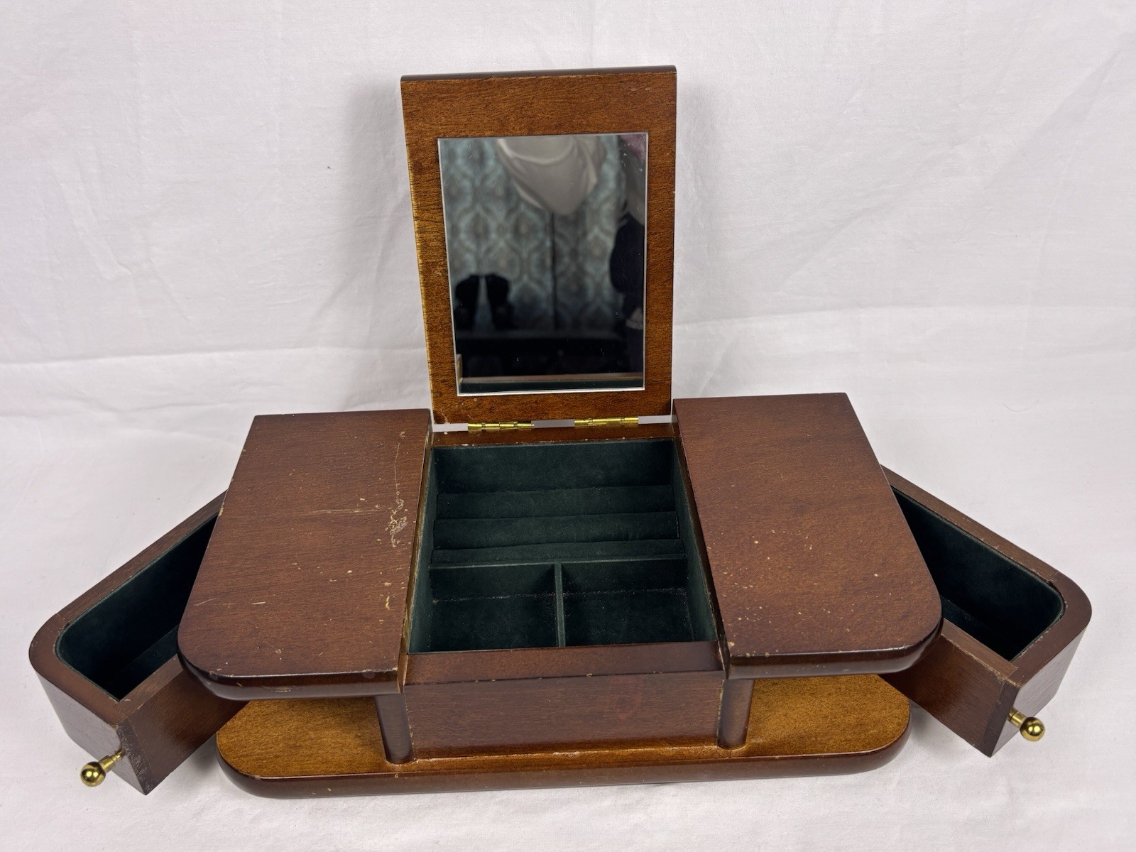Wooden Jewelry Box Lift Up Lid w/ Mirror Felt Lined Storage Compartments 