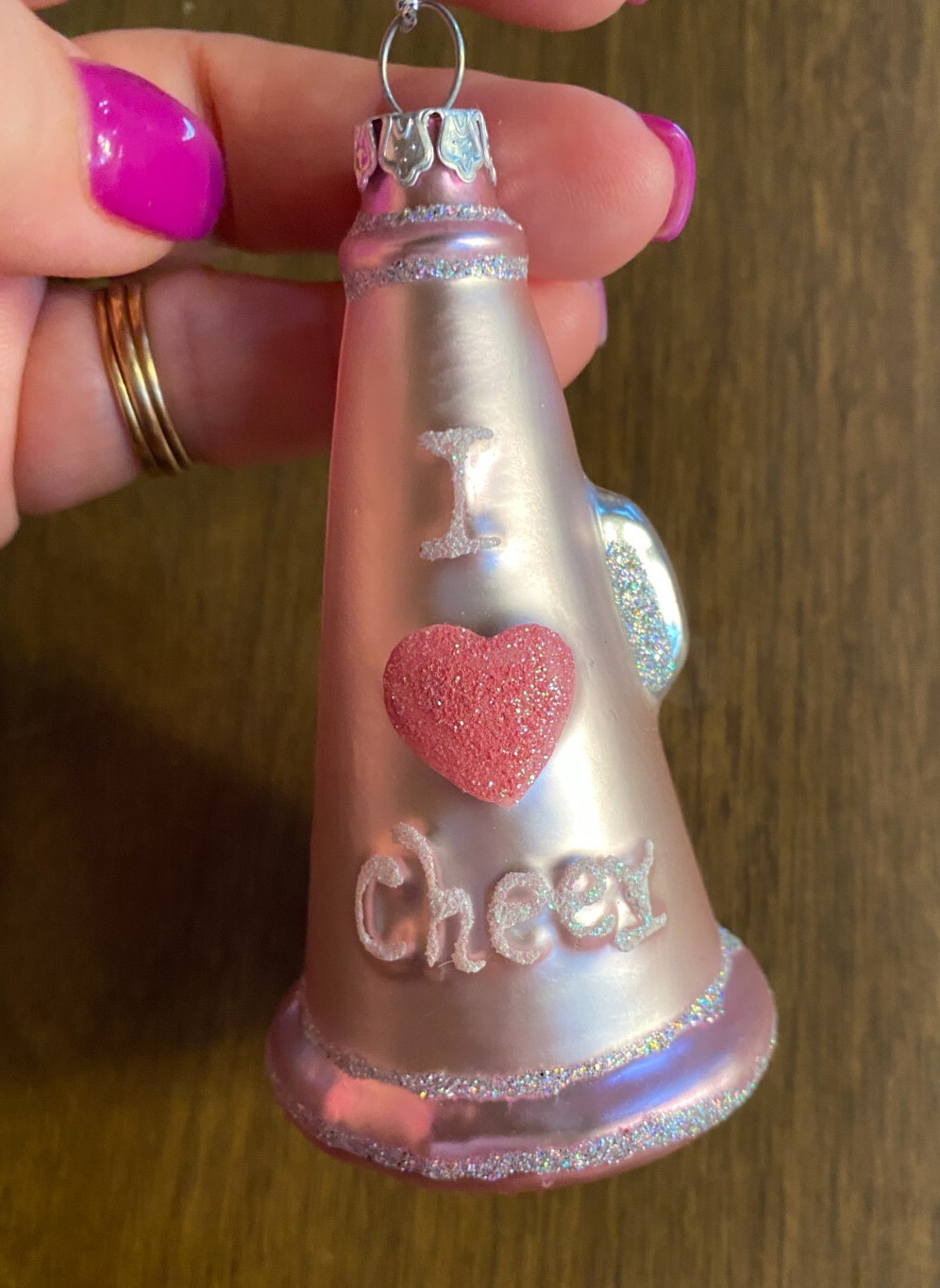Pink Cheerleading Cheerleader Cheer Blown Glass Horn Christmas Ornament 4"
