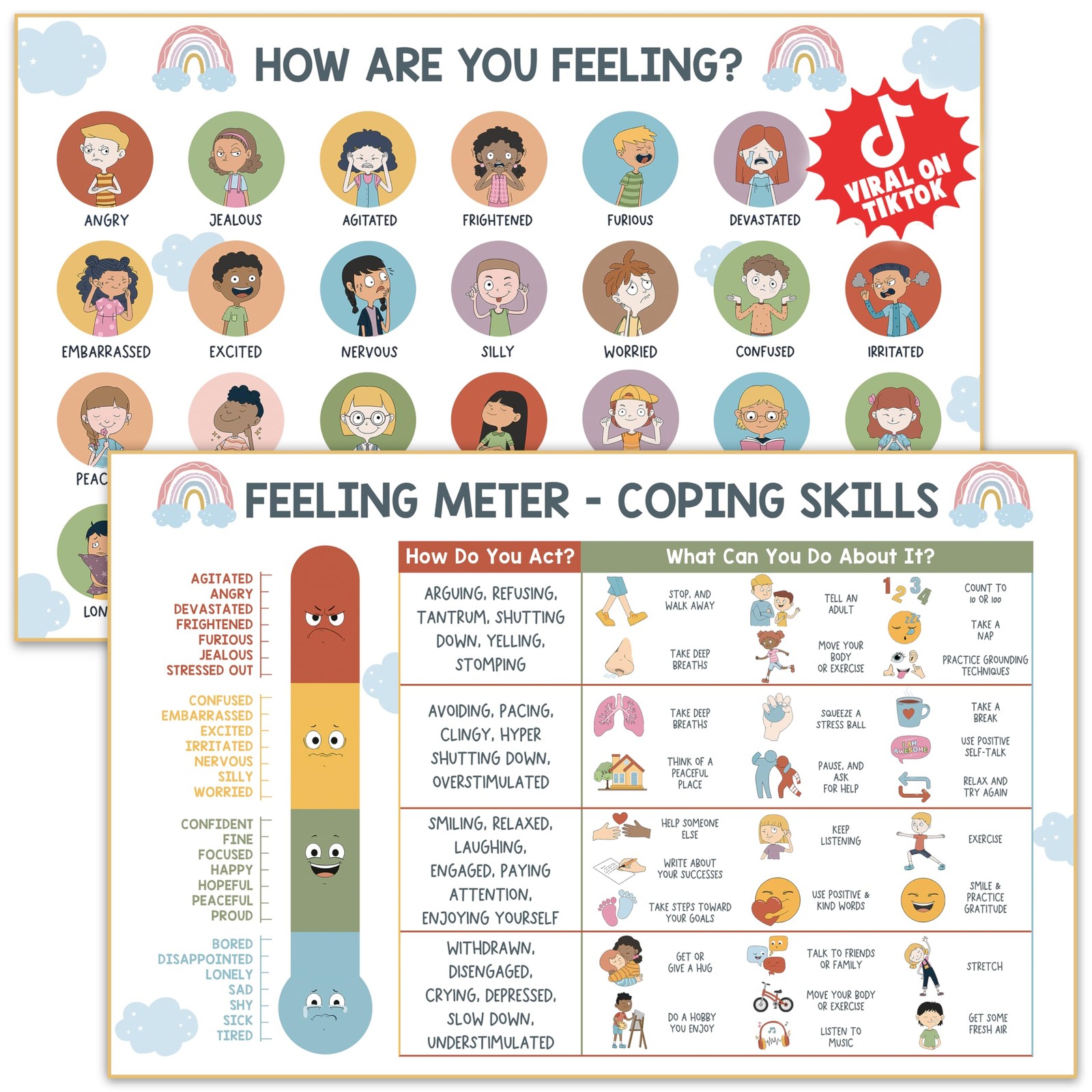 Feelings Chart for Kids Emotions Poster Coping Skills Calm Down Corner Classroom