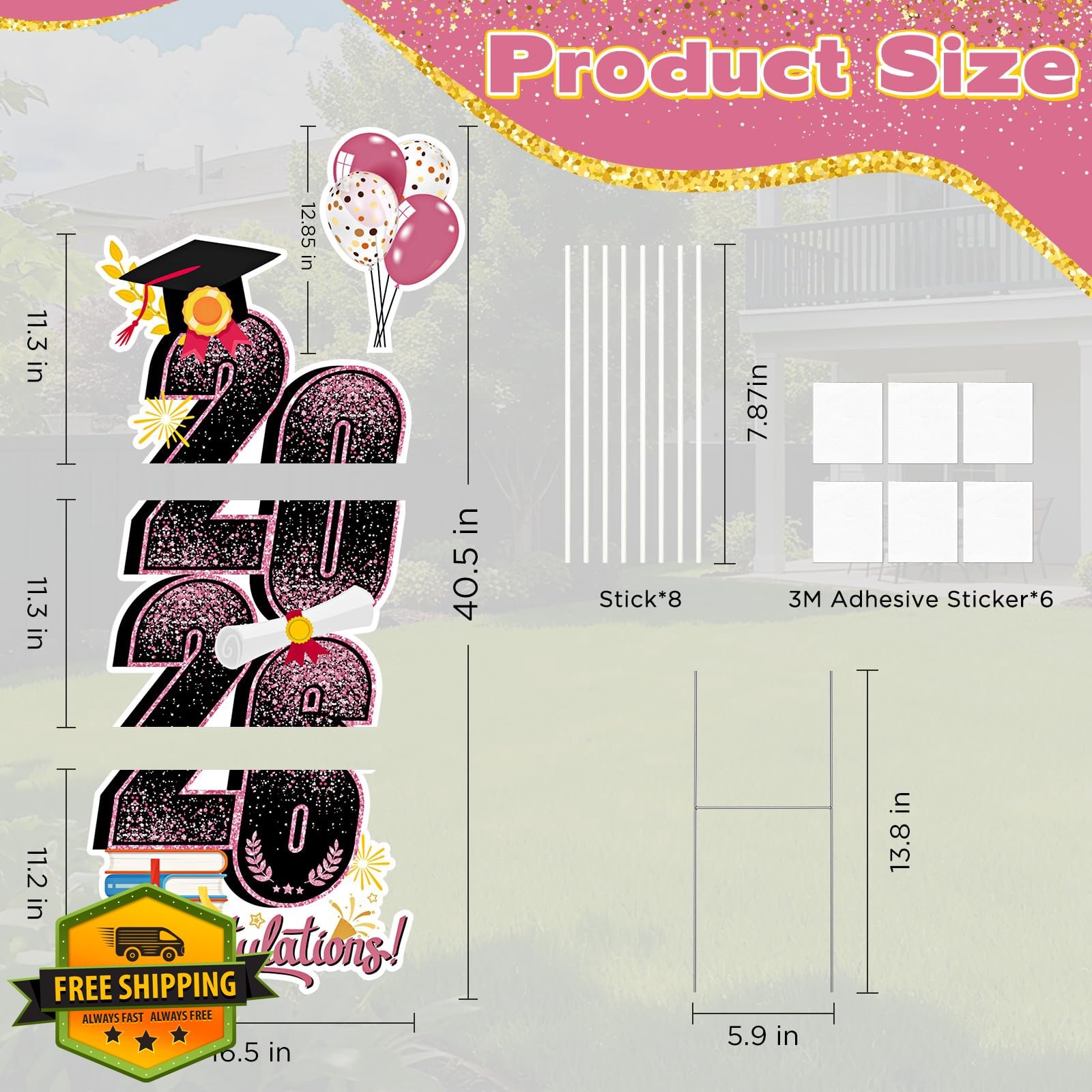 Class of 2026 Graduation Yard Sign Pink 3.5 FT Tall w/ Stakes