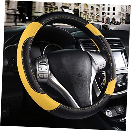 Leather Car Steering Wheel Cover, Non-Slip Car Wheel Cover Protector Yellow