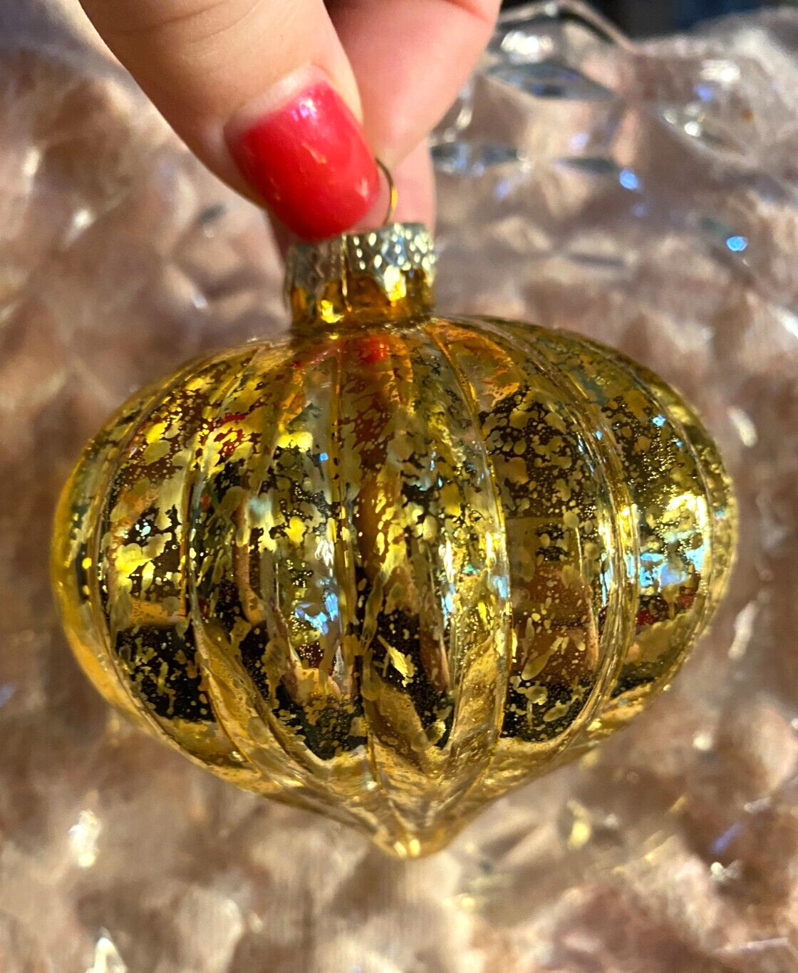 Gold to Clear Blown Glass Flecked Christmas Ornament 3"