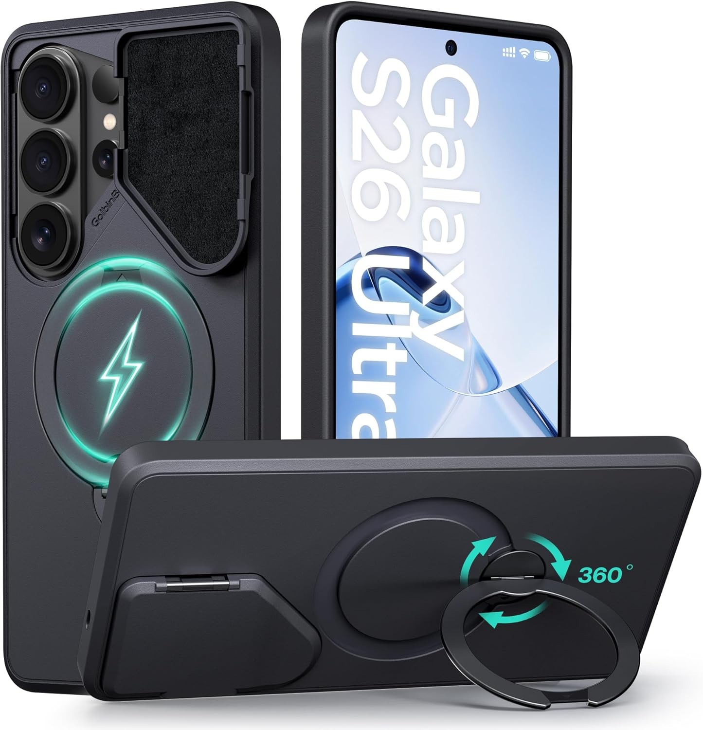 360 Adjustable Magnetic Stand for Samsung Galaxy S26 Ultra Phone Case, Black