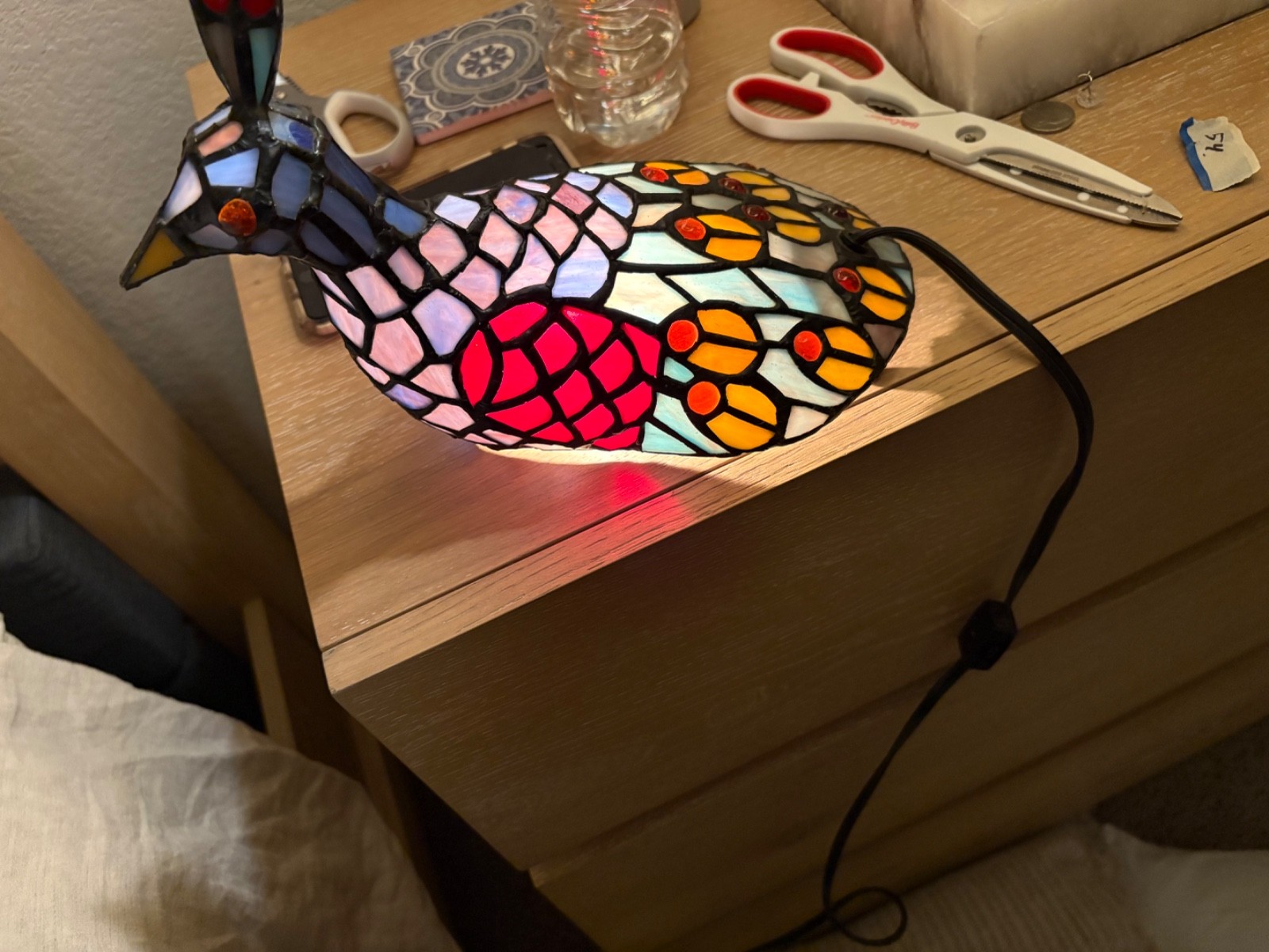 Peacock Tiffany Style Accent/Table Lamp, Nightlight Vintage Works Great  9"