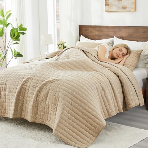  100% Cotton Quilt Tan Cream Bedspread Coverlet, Reversible Twin Beige