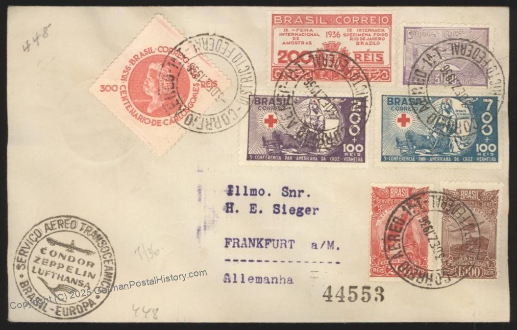 Brazil 1936 Hindenburg Zeppelin Mi56A Flown Registered Cover Beuerle Esta 112506