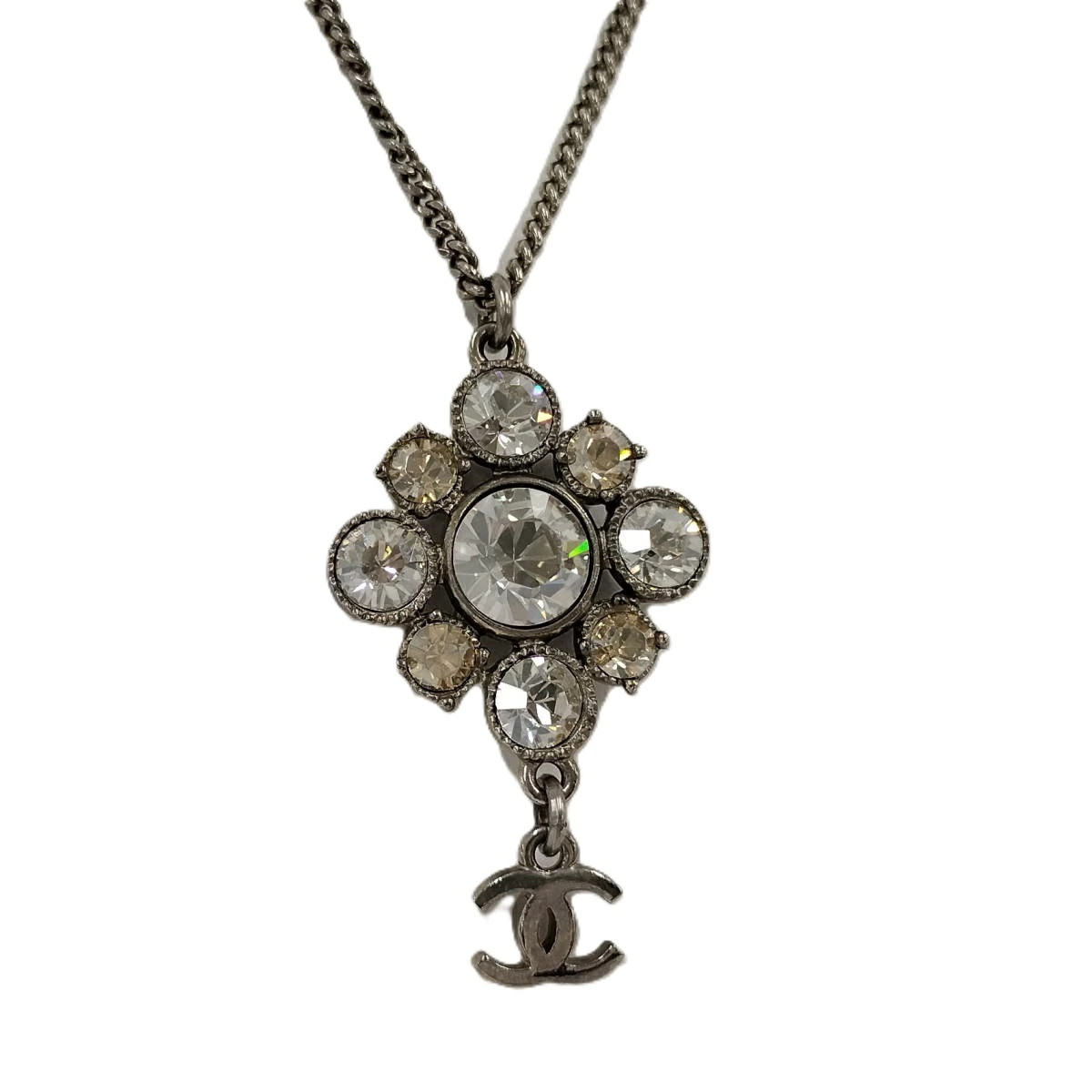 CHANEL Necklace Coco Mark Rhinestone Plated Silver 09V