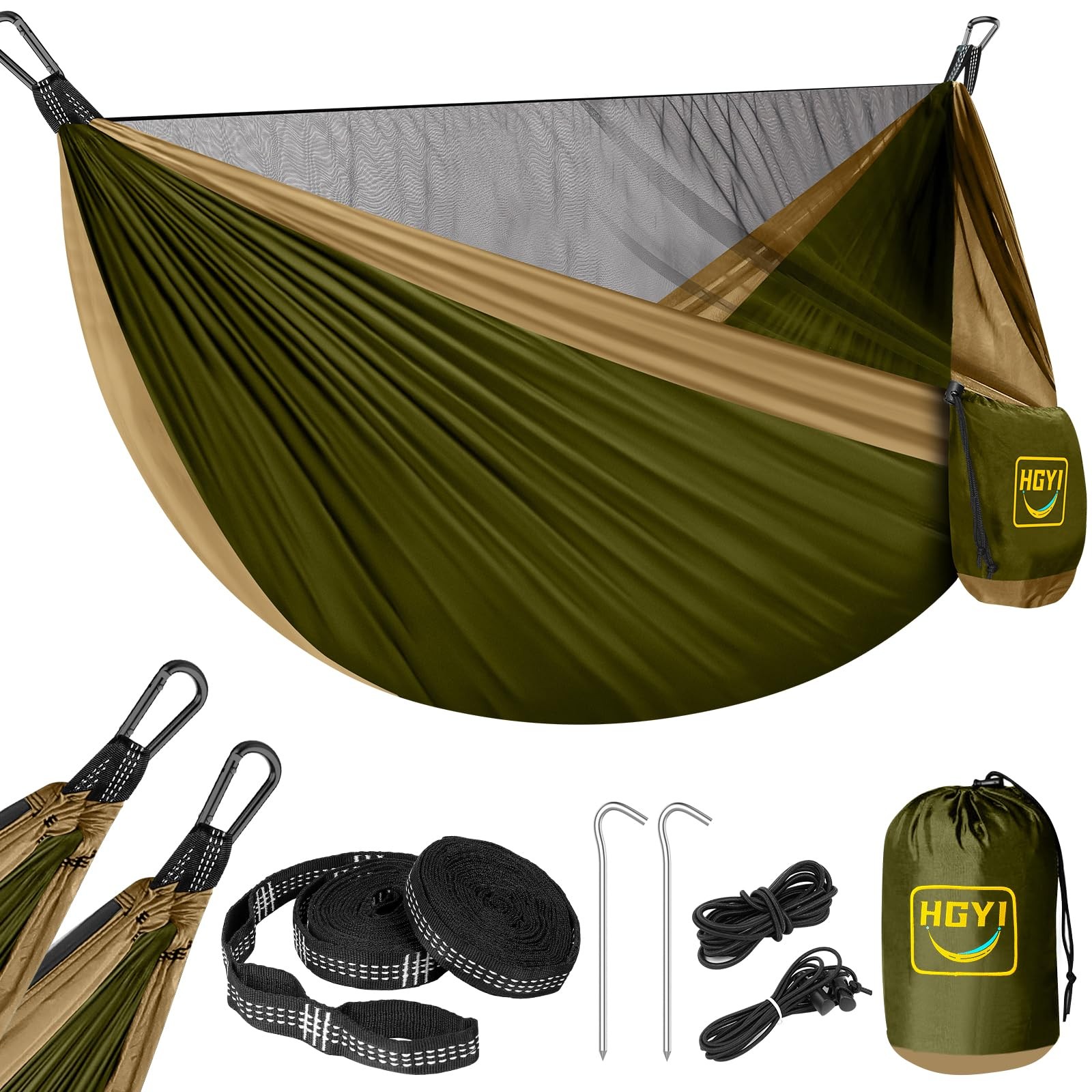 Camping Hammock Mosquito Net,Double & Single Portable 57"Wx114"L, Green&khaki 