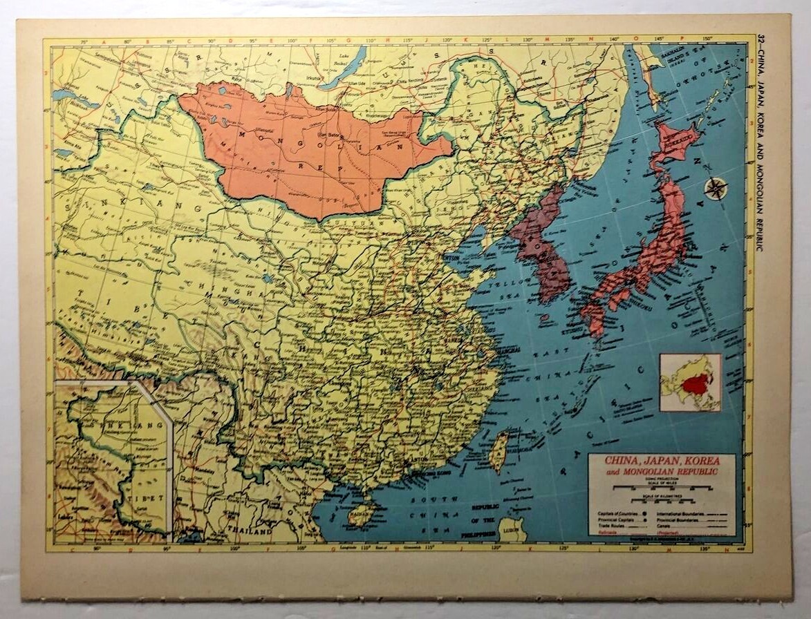 1950's Vintage CHINA Antique Atlas Map - Hammond's New World Atlas