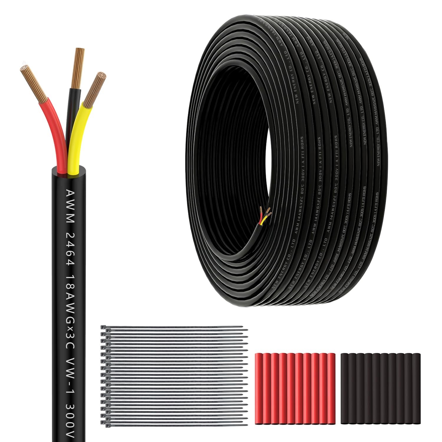 18AWG 3-Conductor Electrical Wire 100ft UL2464, DC 5V-300V, Black