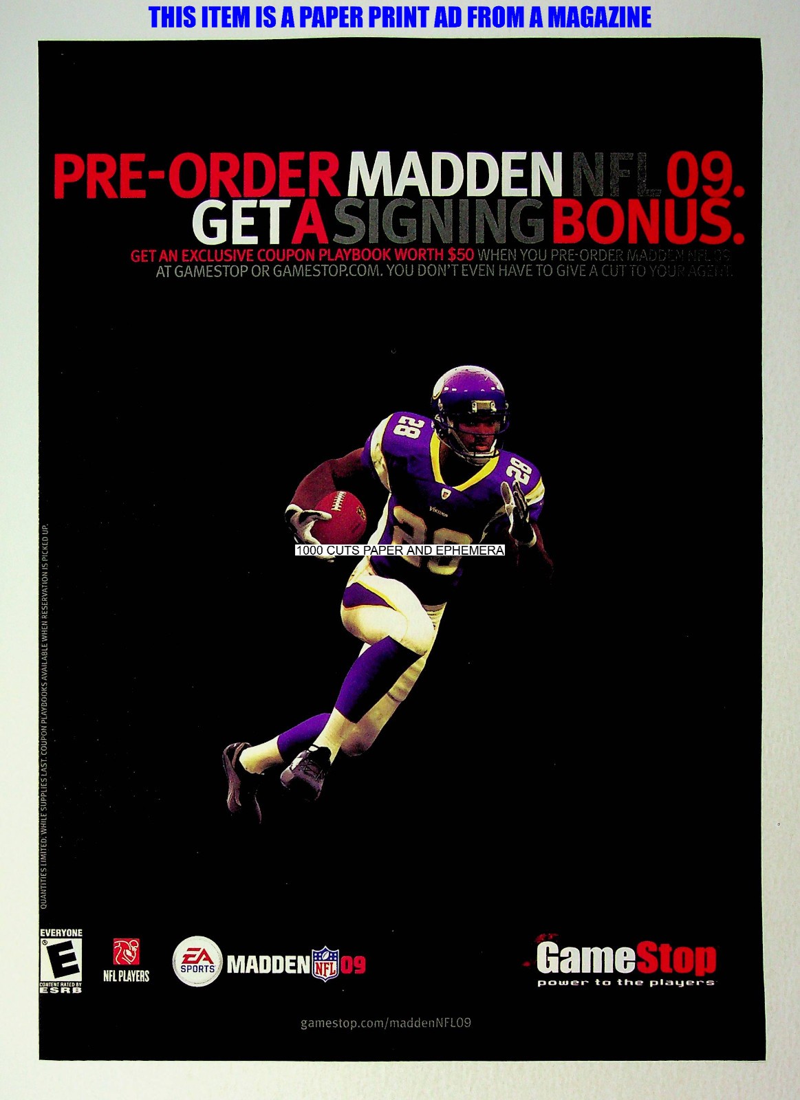 Madden NFL 09 EA Sports Gamestop 2008 Trade Print Magazine Ad Poster ADVERT
