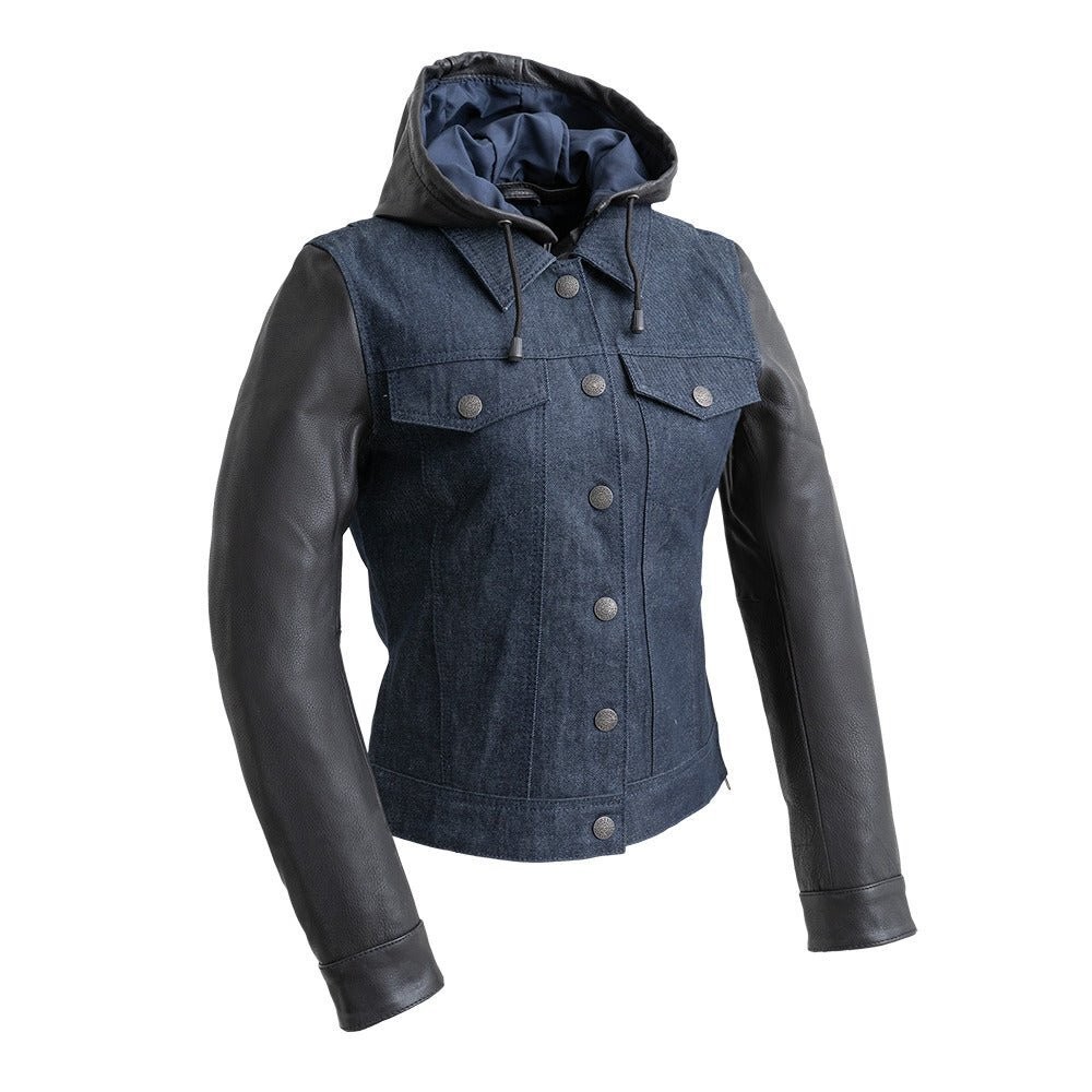 Women’s Motorcycle Denim and Leather Jacket with Removable Hood