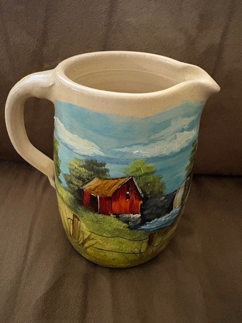 Vintage Stoneware Pitcher w/ Hand Painted Countryside Scene