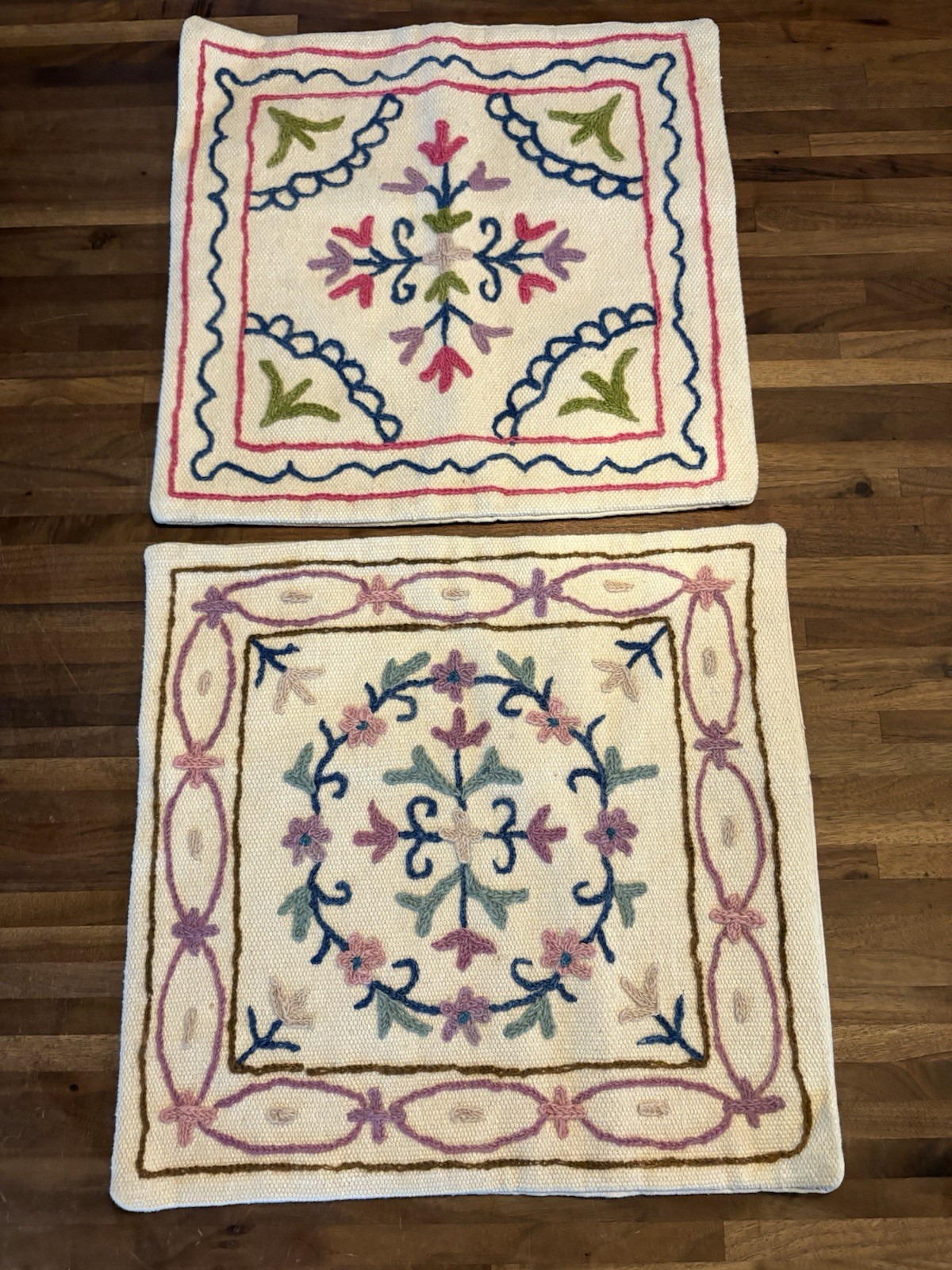 Set Of Two Hand Embroidered Throw Pillow Cushion Cover Wool on Cotton 15” Square