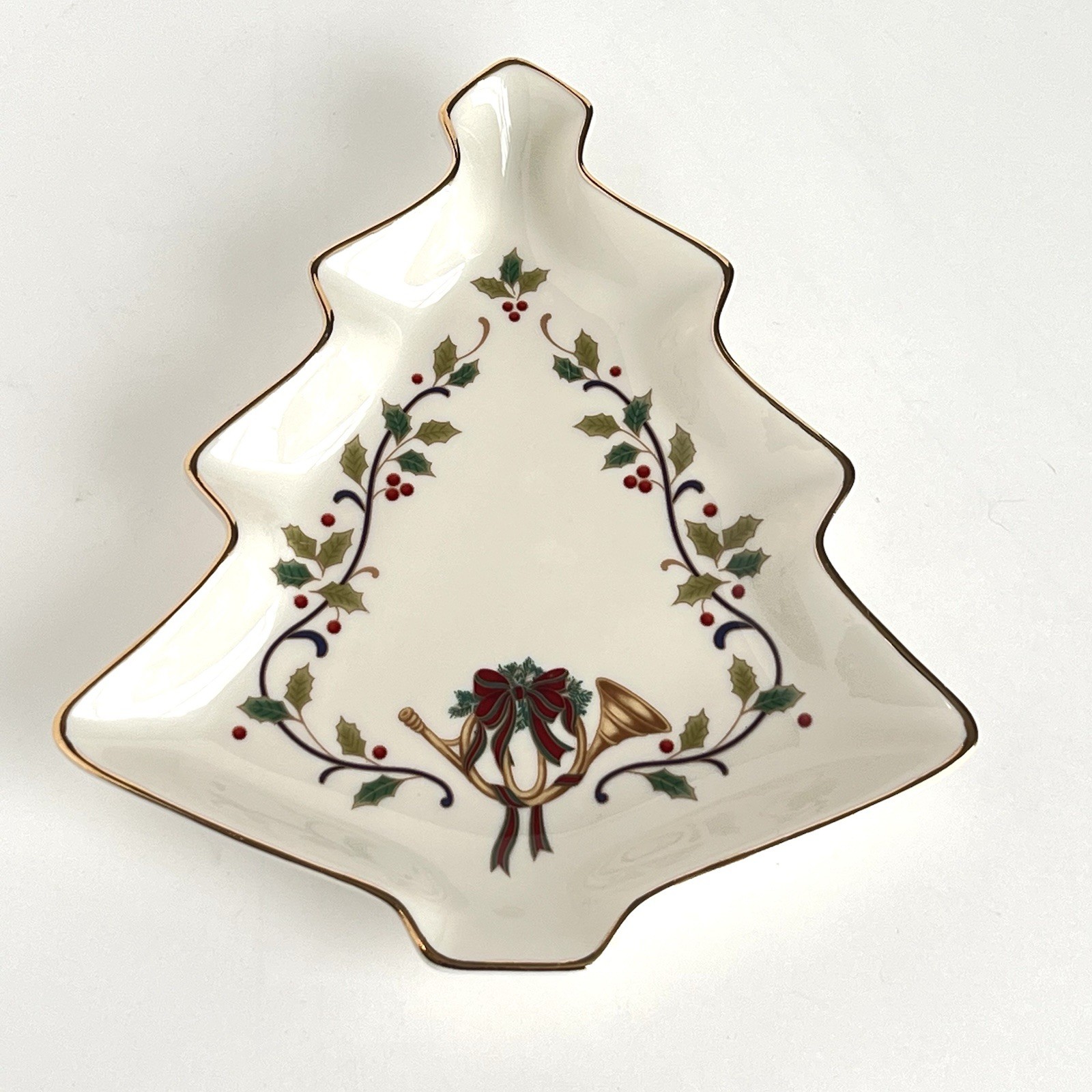 Mikasa  Christmas Tree Candy Dish Holiday Elegance Holly Berries Horn Ribbon