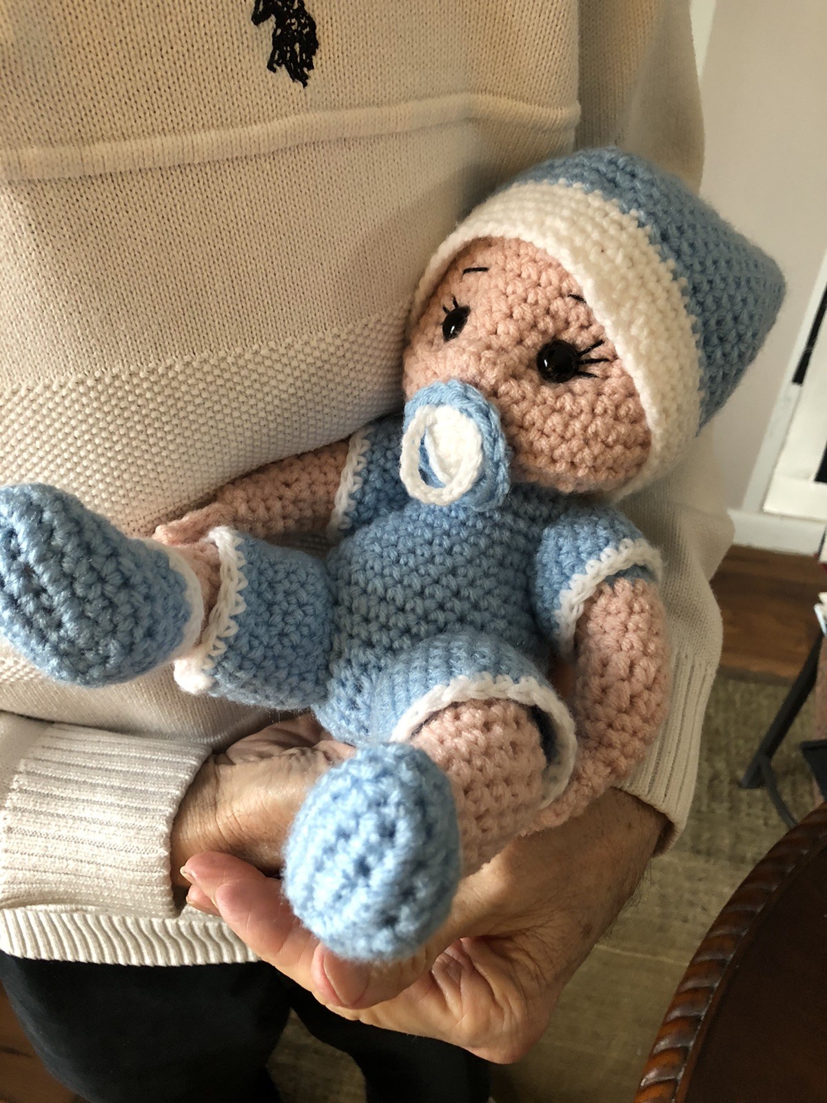 HAND CROCHETED- Blue Binky Baby- 9” from Bottom To Hat- NEW-AMIGURUMI