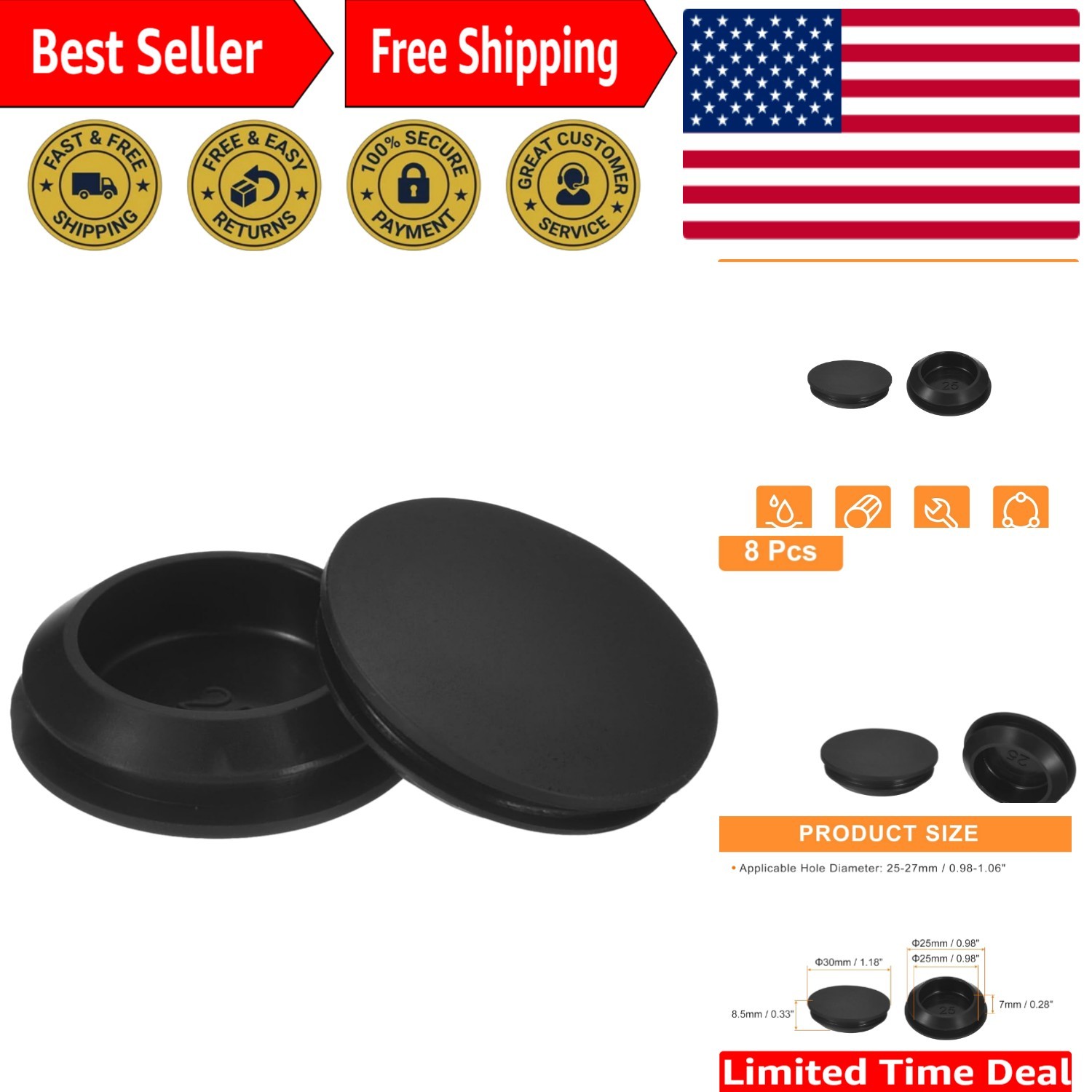 8 Black Silicone Hole Stoppers for 25-27mm Holes - Easy Installation & Durable