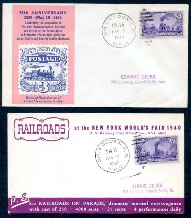 USA RAILROAD TRAIN CACHET COVERS 1944