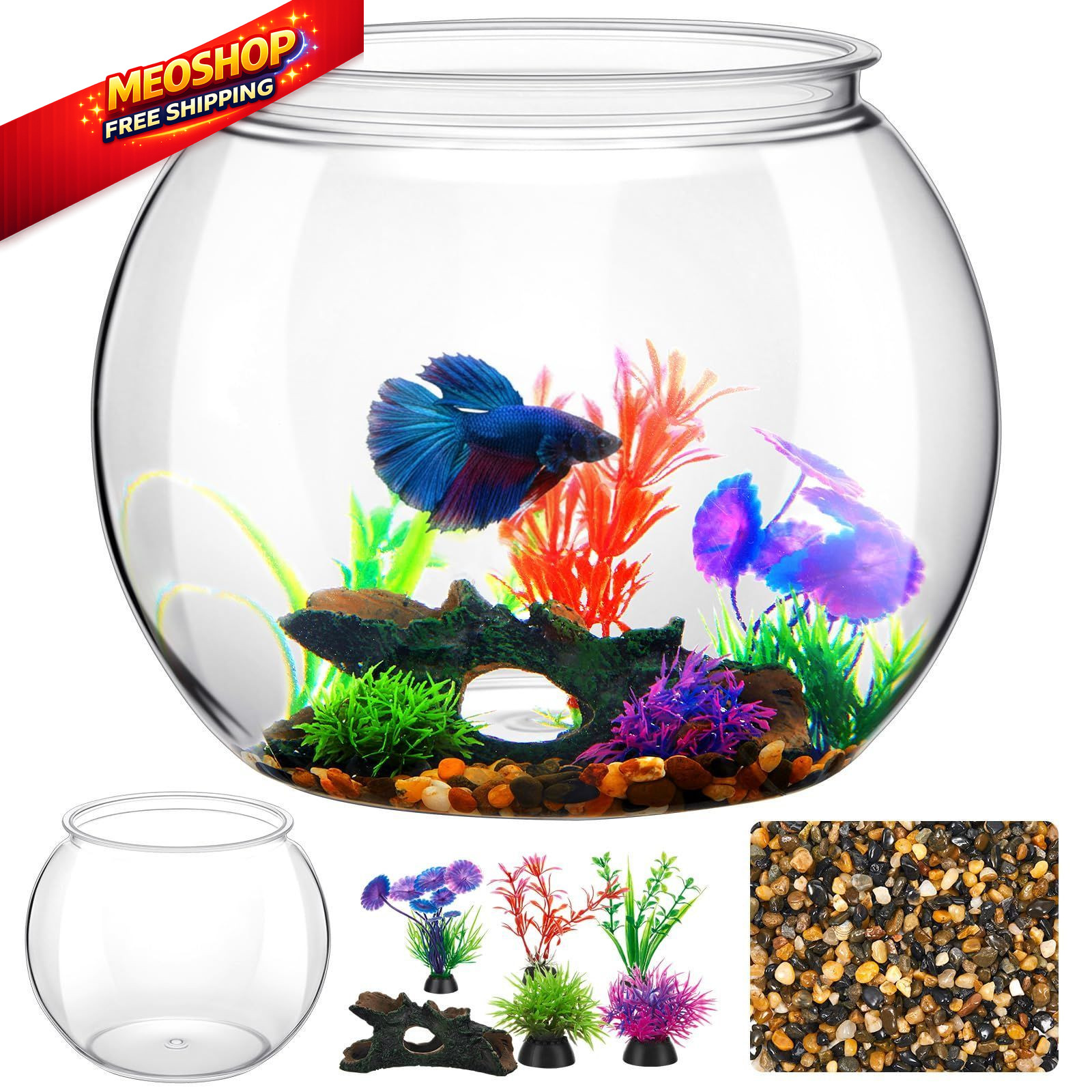 Yiyiring 3 Gallon Plastic Betta Fish Bowl with 6 Pcs 3 Gallon, clear 