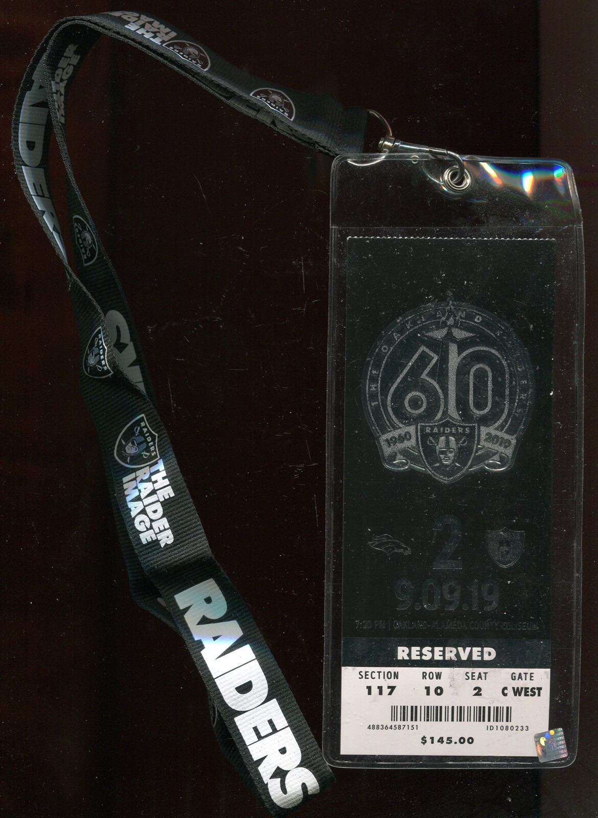 RAIDERS 60TH YEAR  2019 TICKET & LANYARD W932 McAfee Coliseum OAKLAND, CA