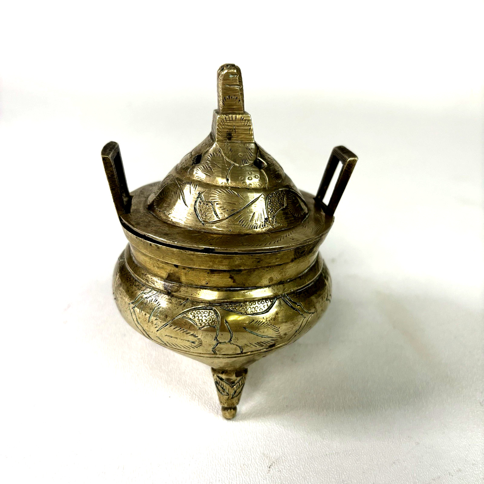 Vintage Brass Etched Tripod Incense Burner With Fitted Lid From China 