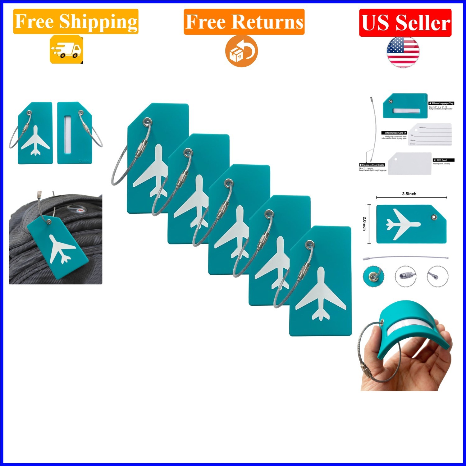 5-Pack Silicone Luggage Tags with Name ID Card, Turquoise Green