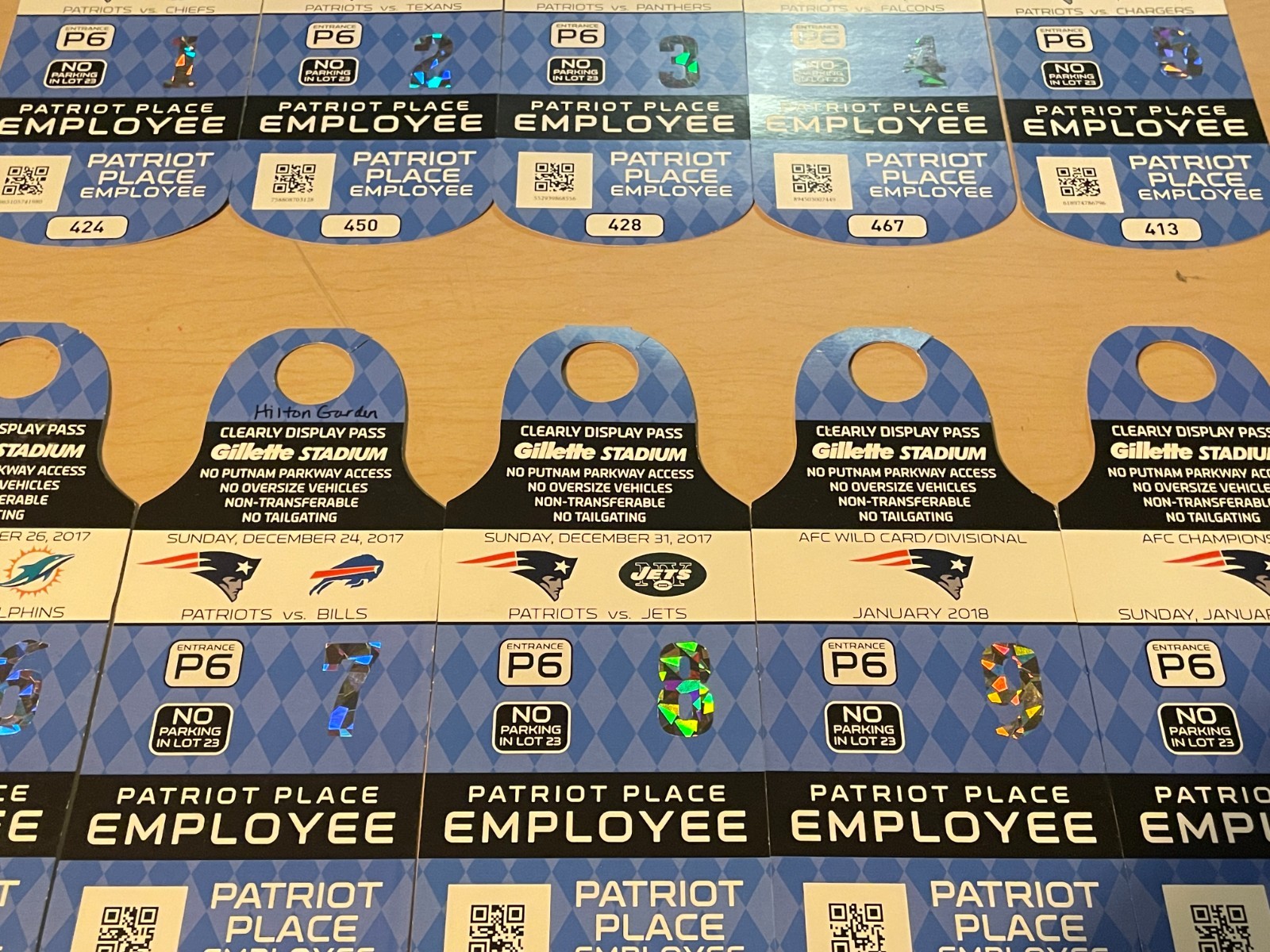 2017 Patriots Employee Parking Pass Set Gillette Stadium Playoffs Included