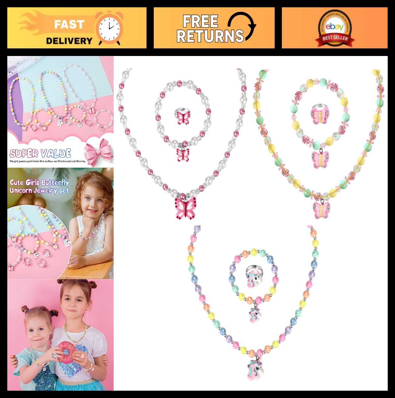 3 Sets Kids Princess Jewelry - Stretchy Necklace, Bracelet, Ring Gift Set for Gi