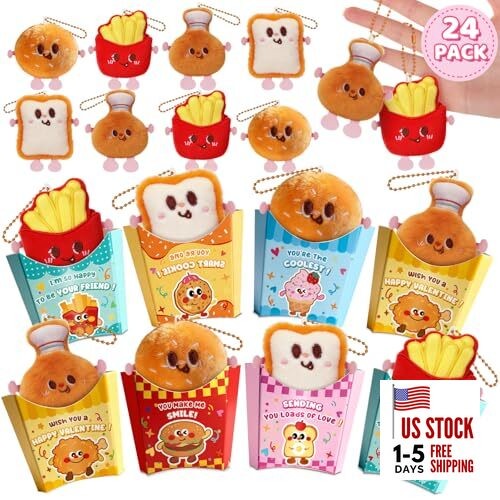  Valentines Day Cards for Kids, 24 Pack Soft Food Plush Keychains with Gift 