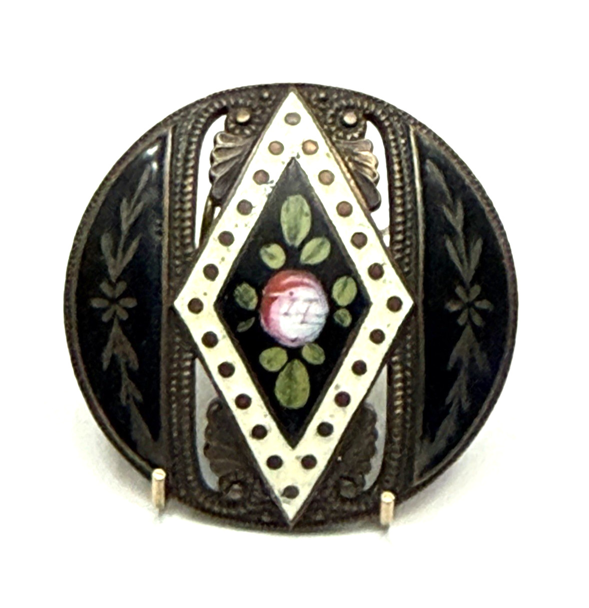 Antique DIAMOND SHAPE & ROSE FLOWER Enamel on Pierced Metal Button (R4)
