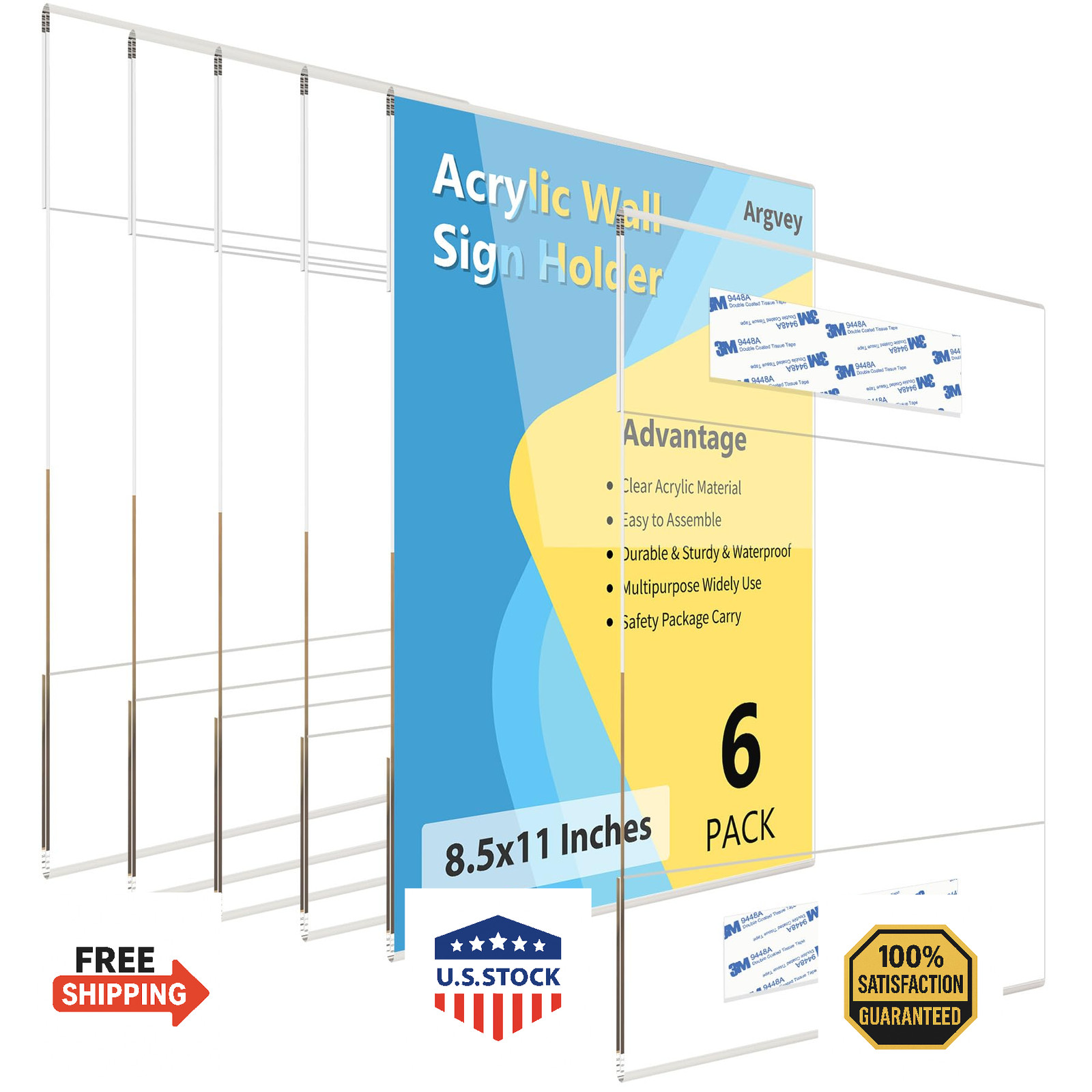 Acrylic Sign Holder 8.5x11 Wall Mount Clear Plastic Frame w/Adhesive - 6 Pack
