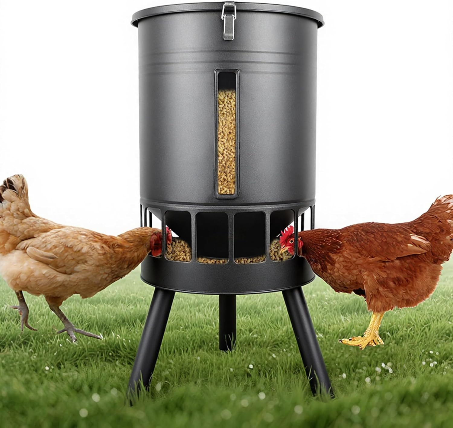 50LB Metal Chicken Feeder - No Waste, No Clog Design with 16 Ports & Smooth Grav