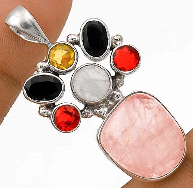 Natural Rose Quartz Madagascar & Moonstone 925 Sterling Silver Pendant 