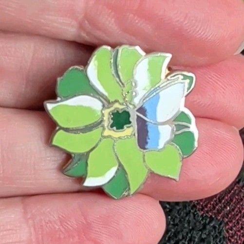 Vintage Gold Tone Green Flower & Butterfly Travel Souvenir Lapel Pin / Brooch
