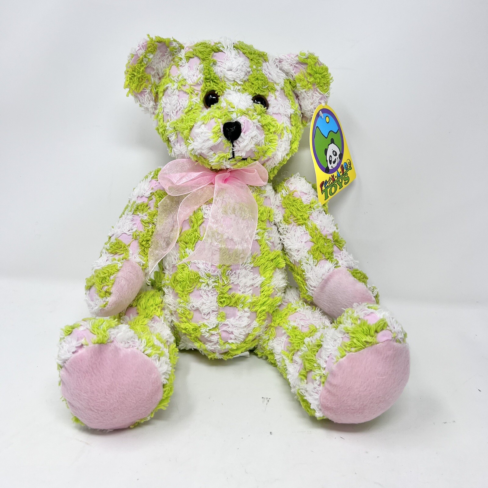 Peek A Boo Plush Pink Teddy Bear With Chenille Green & White Check 10” With Tag
