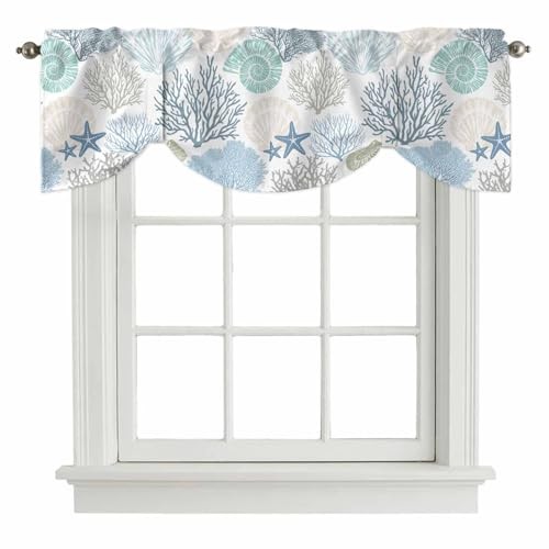 Tie Up Valance for Windows Nautical Coastal Blue Coral 12"W x 42"L (Pack of 1)