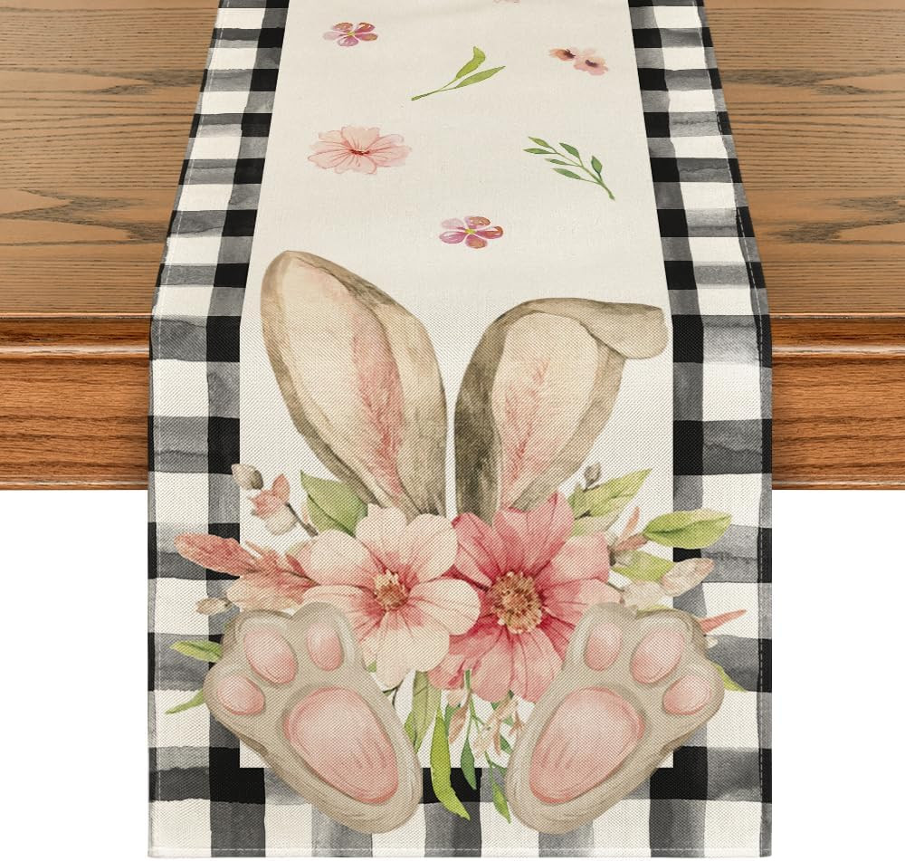 Buffalo Plaid Bunny Ear Foot Flower Easter Table Runner, Seasonal Spring Kitchen
