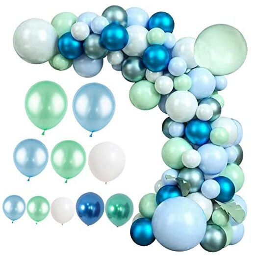 Blue Green Macaron Balloon and Metallic Blue Silver 125pcs Blue Green White