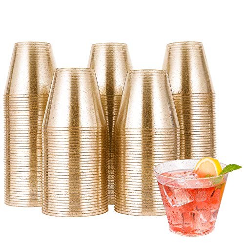  200 Pack 9 oz Glitter Plastic Cups, Disposable Gold Cups, Glitter-9oz-200