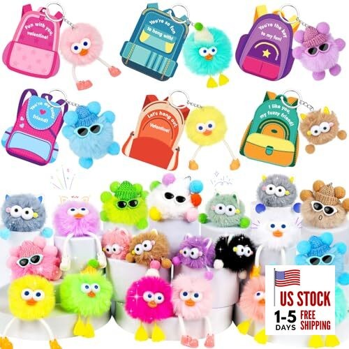 Valentines Day Gifts for Kids, 24 Pack Plush Toys Keychain with Valentines 