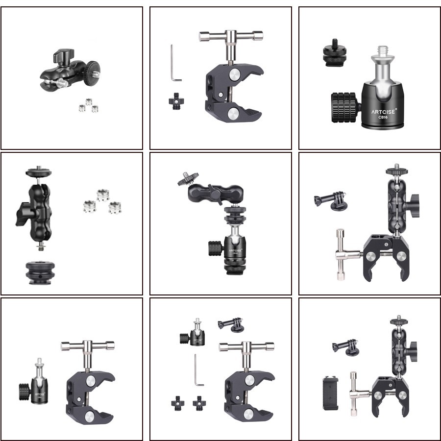 Camera Tripod Mount Clamp Mini Ballhead Magic Arm Adapter with 1/4" 3/8" Thread
