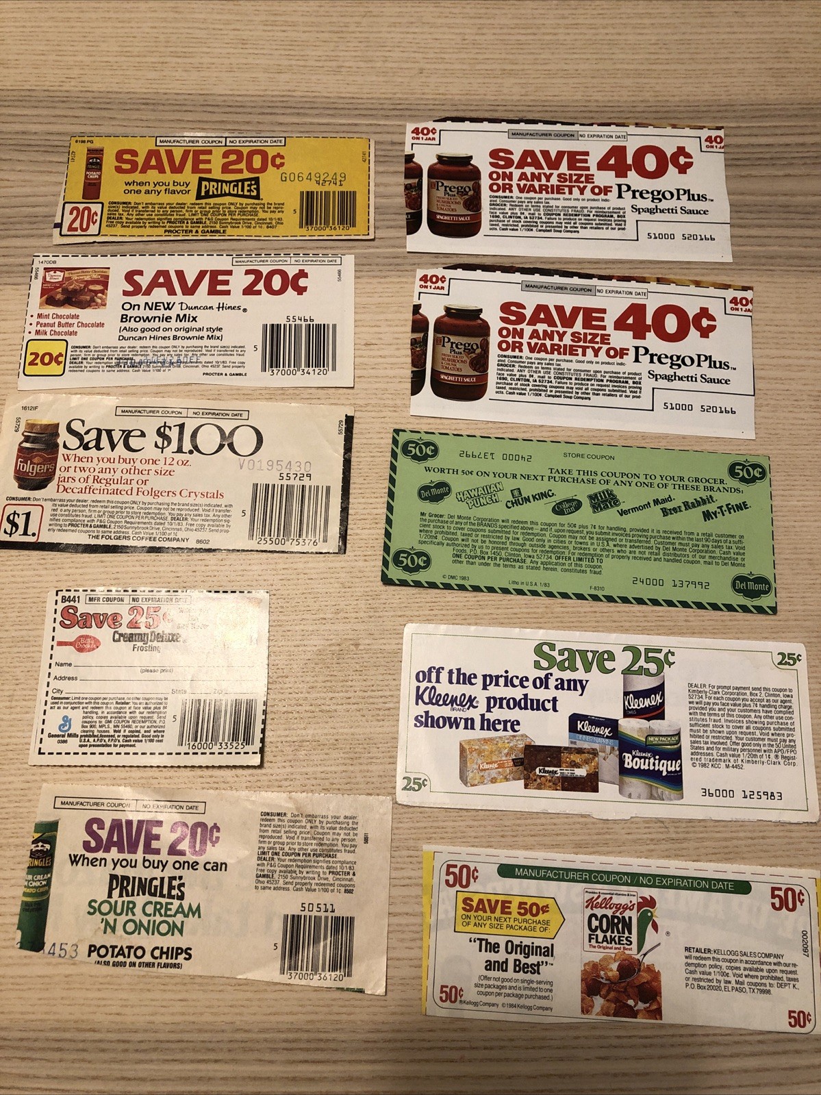 10 Name Brands Coupons NO EX Prego Pringles Del Monte Kleenex Cake Folgers Lot 3
