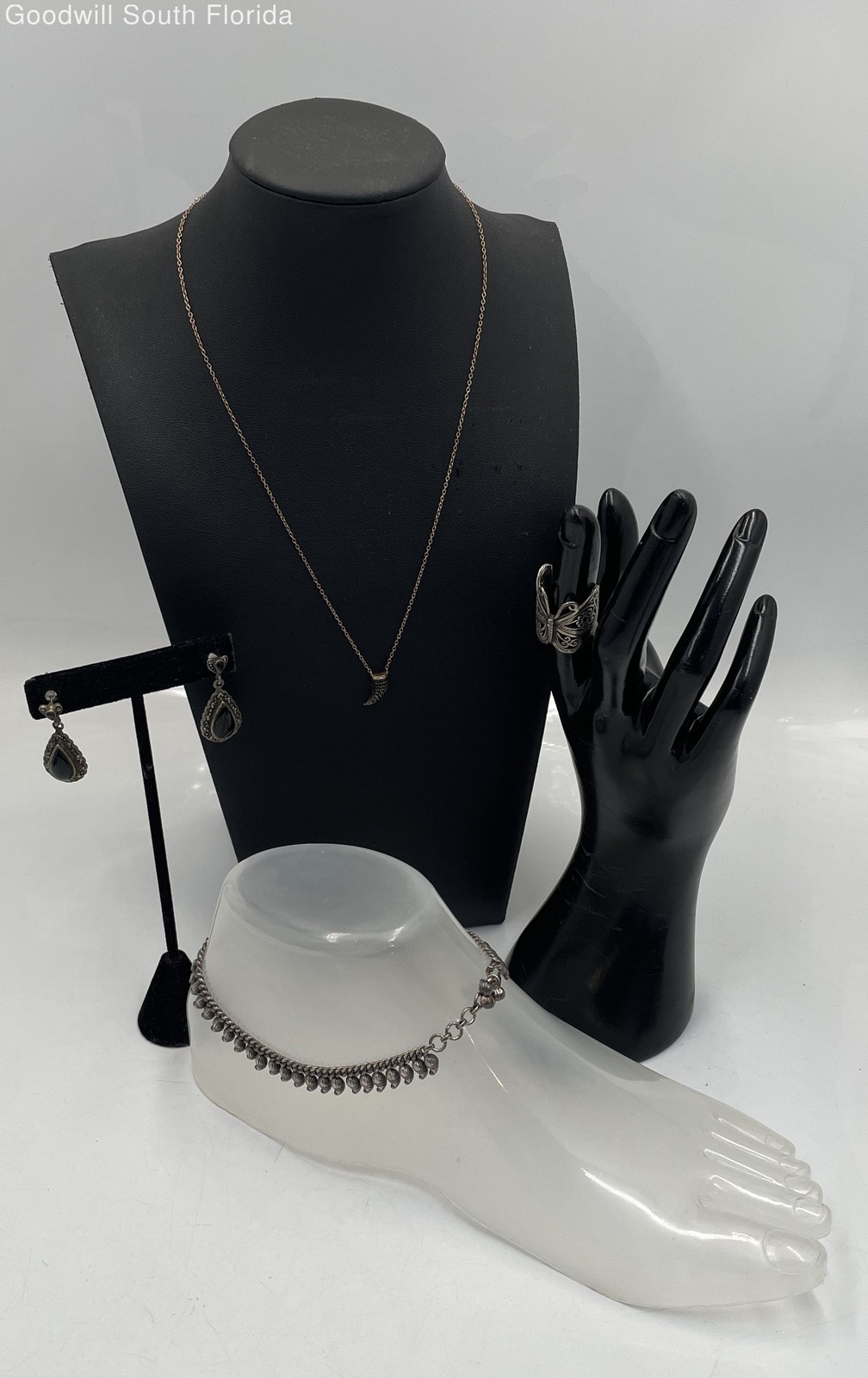 Silver Stamped/Unstamped Chain-Pendant-Anklet-Earrings-Ring (4 Pcs) Weight 32.5g